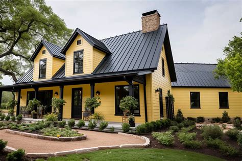 red metal roof on yellow house|yellow house with charcoal roof.